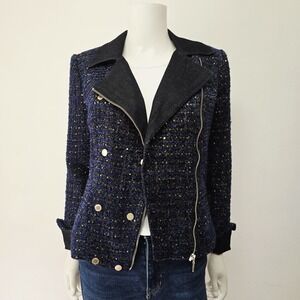 White House Black Market Blazer Jacket Navy Sequins Tweed Moto Denim Size 6 Zip